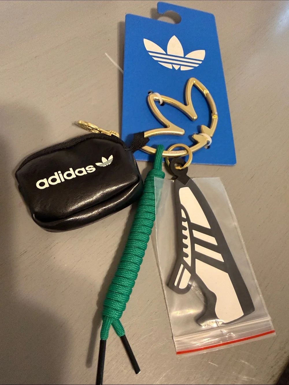 Adidas Black Mini Pouch Keychain with Gold Trefoil Charm and Green Lace - NEW